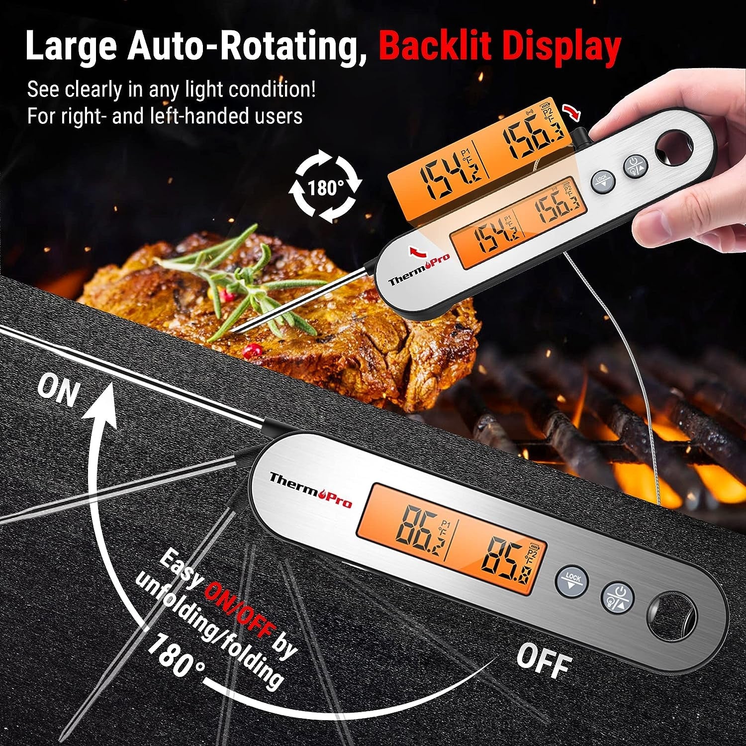 TP610 Digital Meat Thermometer for Cooking. Rechargeable Instant Read Food Thermometer with Rotating LCD Screen. Waterproof Cooking Thermometer with Alarm for Grilling. Smoker. BBQ. Oven - Image 3