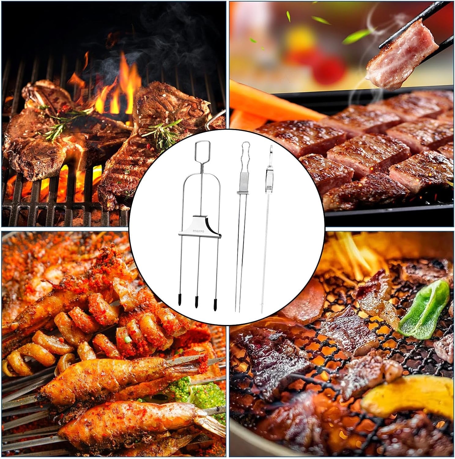 10PCS Kabob Skewers for Grilling.3.Double and Single Pronged Grilling Accessories.304 Stainless Steel Metal Skewers for Kabobs with Push Bar for Quick Release.With Storage Bag and Oil Brush - Image 6