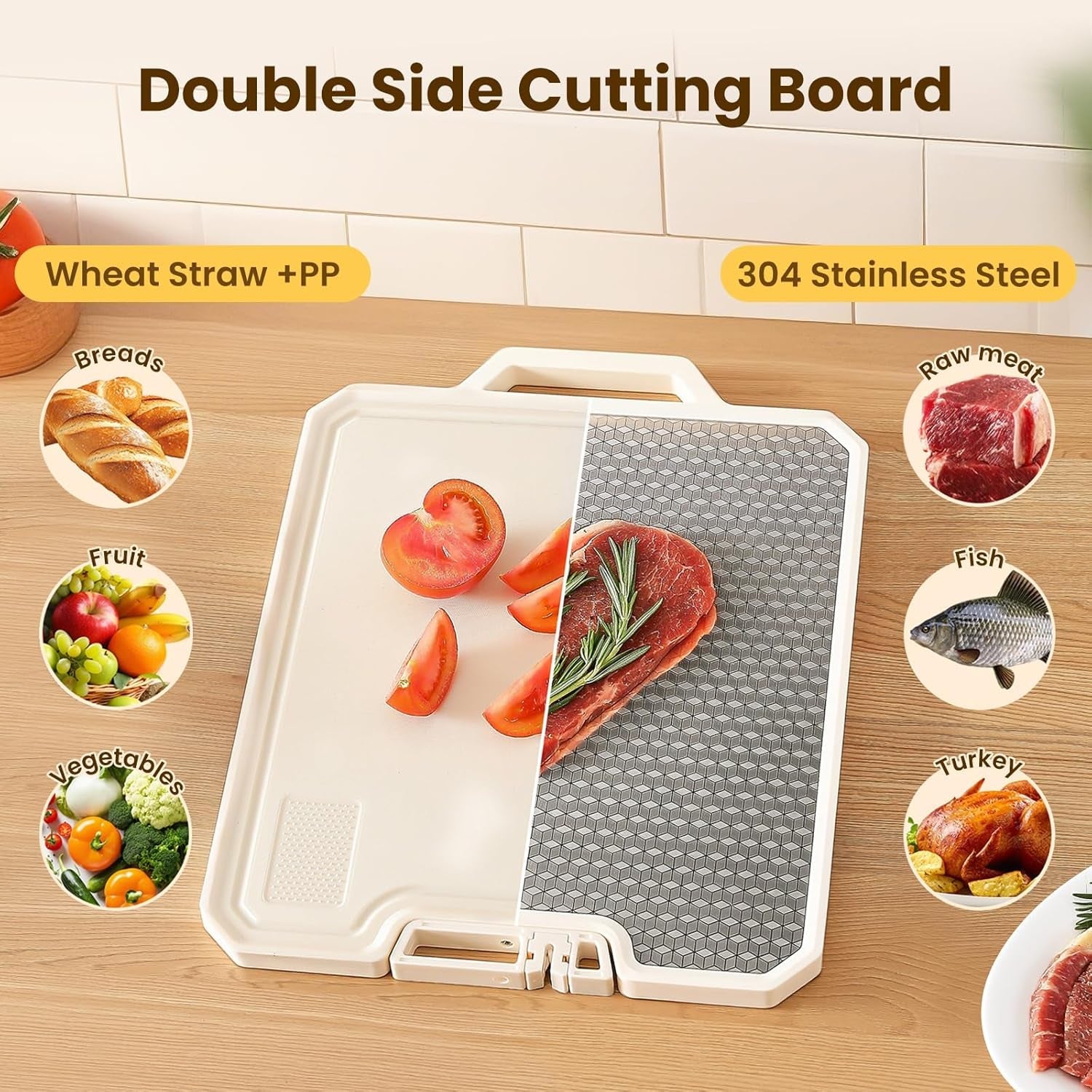 Double Sided Cutting Boards for Kitchen-16X 12 Inch 304 Stainless Steel & Wheat Straw PP Cutting Board for Meat/Vegetable-Non Slip.Dishwasher Safe and Scratch Resistant Chopping Board Beige - Image 4