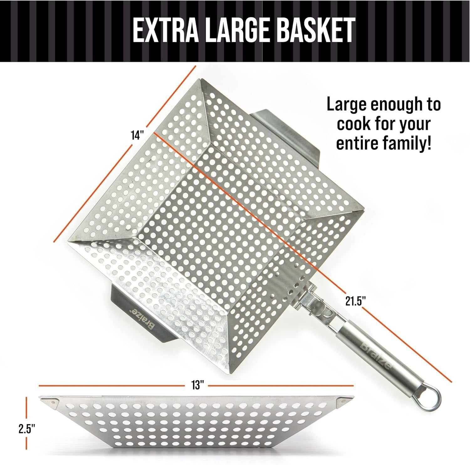 Stainless Steel Grill Basket with Removable Handle - Premium Grill Pan for Outdoor Cooking. BBQ Grilling Basket for Veggies & Fish. Vegetable Grilling Accessory. Grill Baskets for Outdoor Grill. Perfect Dad Gift - Braize - Image 3