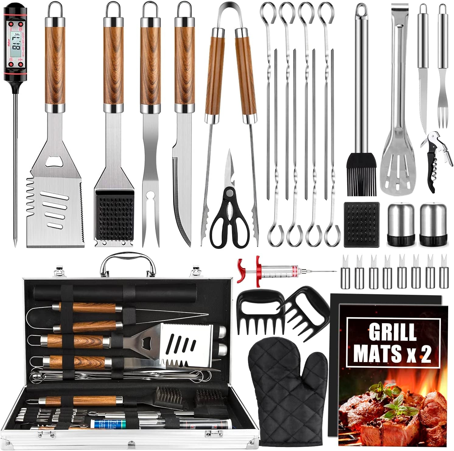 Cifaisi BBQ Grill Utensils Set for Camping/Backyard. 38Pcs Stainless Steel Grill Tools Grilling Accessories with Barbecue Mats. Aluminum Case. Thermometer for Men Women