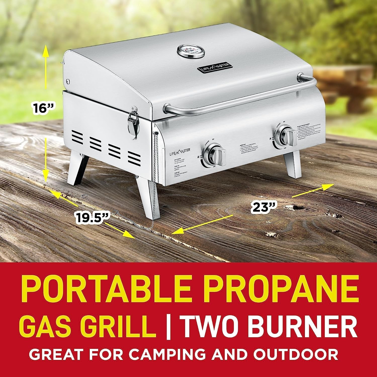 Portable Grill – Table Top Stainless Steel Propane Gas BBQ for Camping and Outdoor – 2 Burners –20.000 BTU Power - Folding Legs – Wind Proof Lid – Easy Clean – Silver - by - Image 2