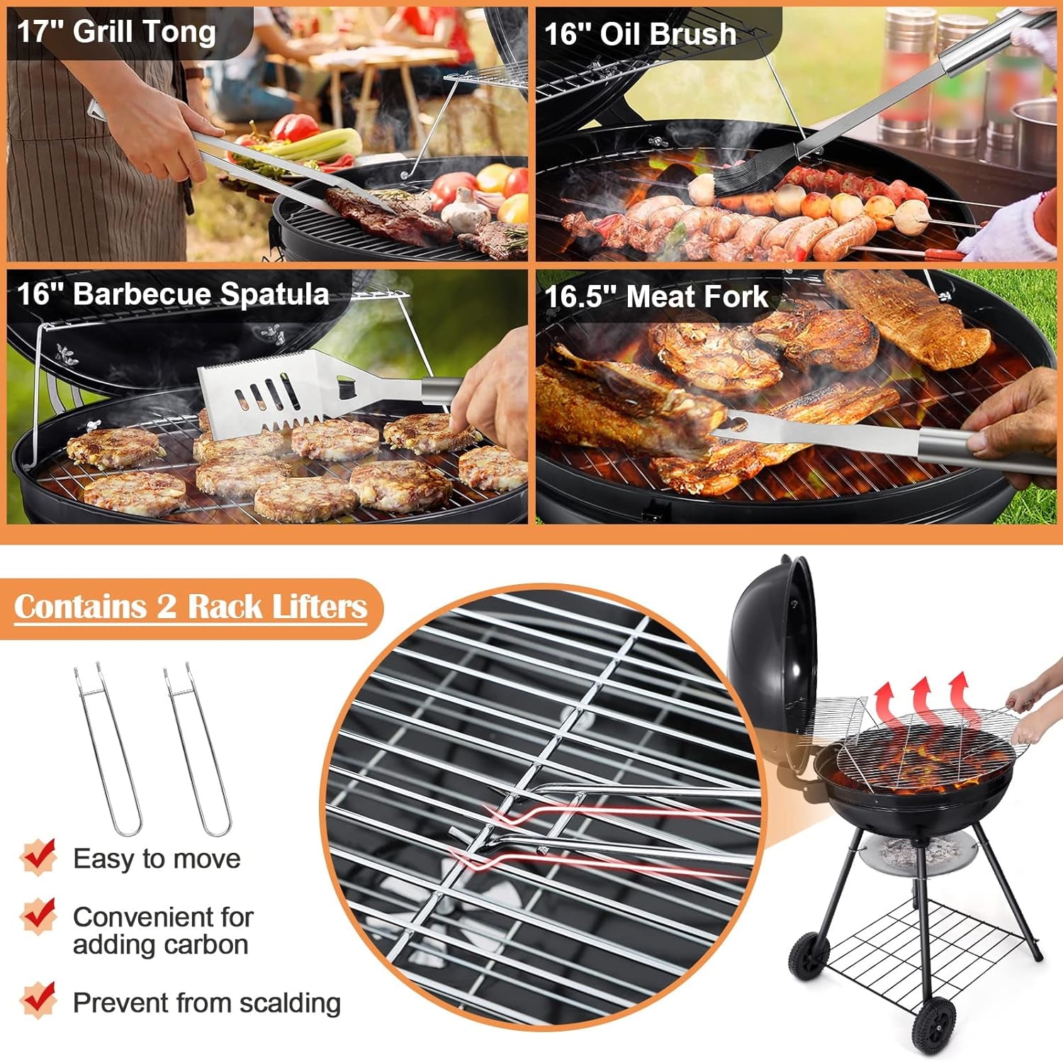 22-Inch Charcoal Kettle Grill Set of 12. Hasteel 2 Layer Grilling Racks Outdoor BBQ Grill. Heavy Duty Large Enameled Grills with Grilling Accessories for Camping Backyard Picnic. Barbecue Spatula - Image 6
