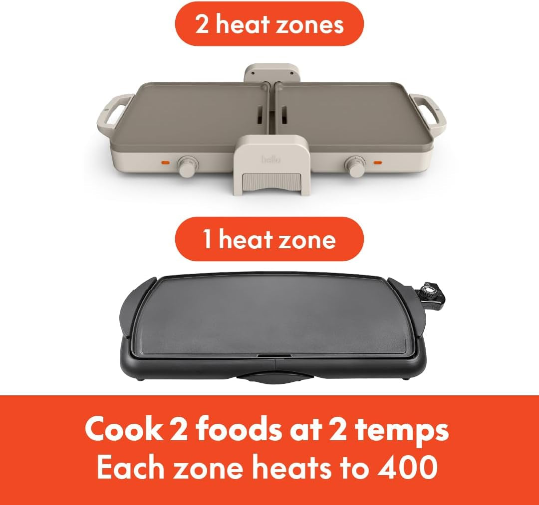 Bella 10X 20 Ceramic Fold-N-Store Dual Temp Griddle. Fits-Anywhere Kitchenware. Evergood Ceramic Nonstick Coating. 2 Temperature Zones up to 400°F. Dishwasher Safe Drip Tray. 1500 Watt. Oatmilk - Image 3
