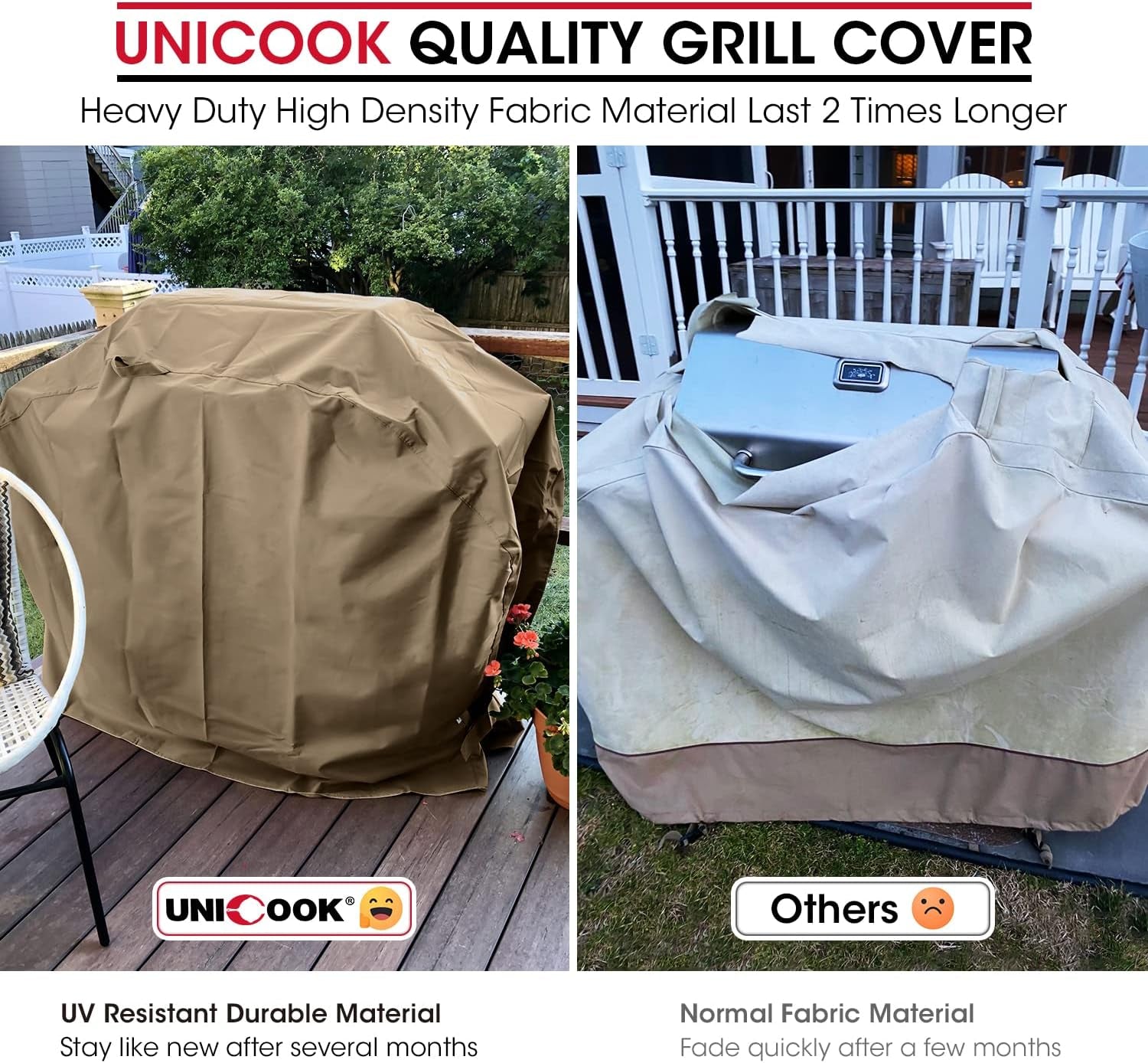 Unicook Grill Cover 60 Inch. Heavy Duty Waterproof Gas BBQ Cover with Sealed Seam. Rip and Fade Resistant BBQ Grill Cover. Compatible with Weber Charbroil and More Grills up to 58 Inch. Neutral Taupe - Image 3