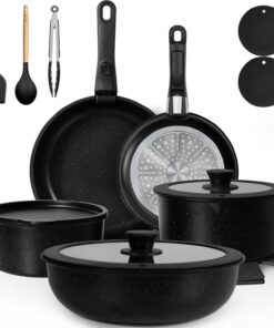 KIKCOIN 20 Pcs Pots and Pans Set Non Stick. Detachable Handle Cookware Sets Nonstick. Non Toxic Induction RV Kitchen Cooking Set with Removable Handles. Dishwasher/Oven Safe. Easy Clean (Black)