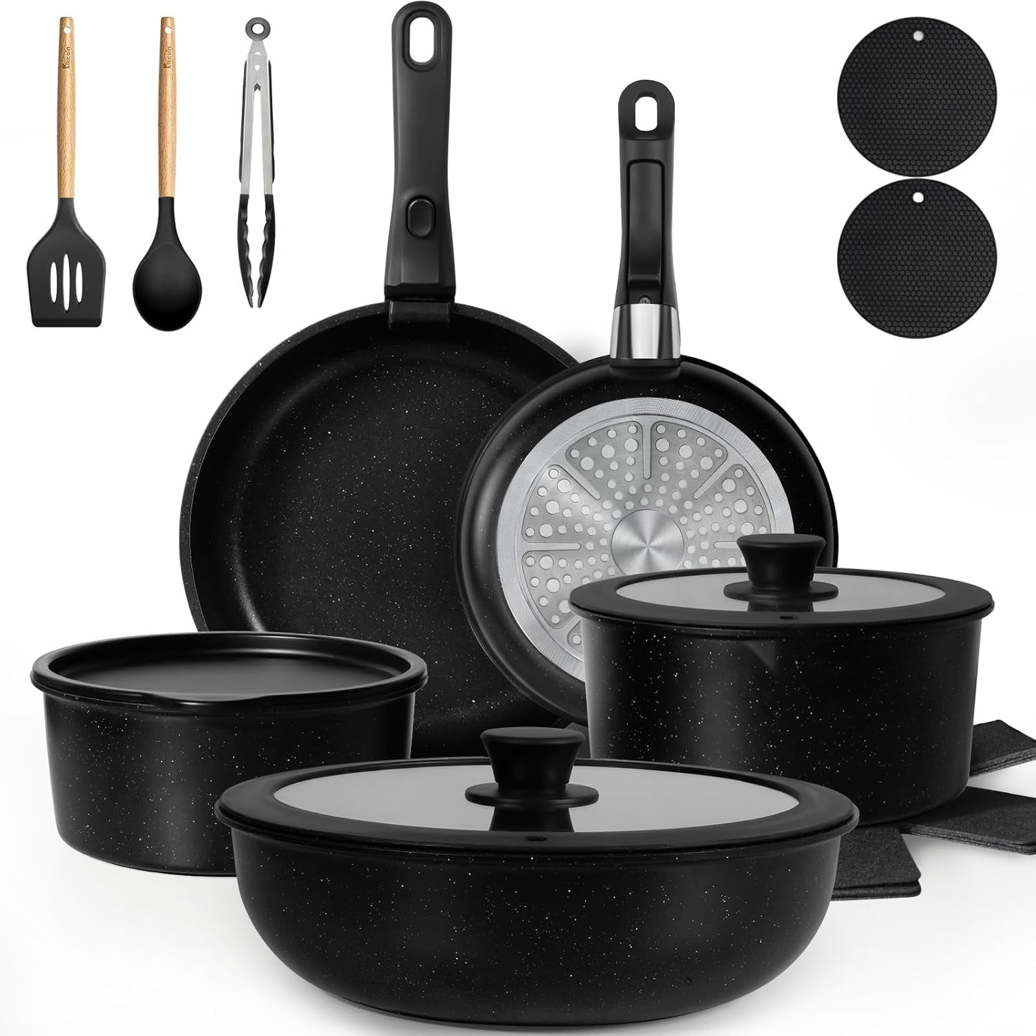 KIKCOIN 20 Pcs Pots and Pans Set Non Stick. Detachable Handle Cookware Sets Nonstick. Non Toxic Induction RV Kitchen Cooking Set with Removable Handles. Dishwasher/Oven Safe. Easy Clean (Black)