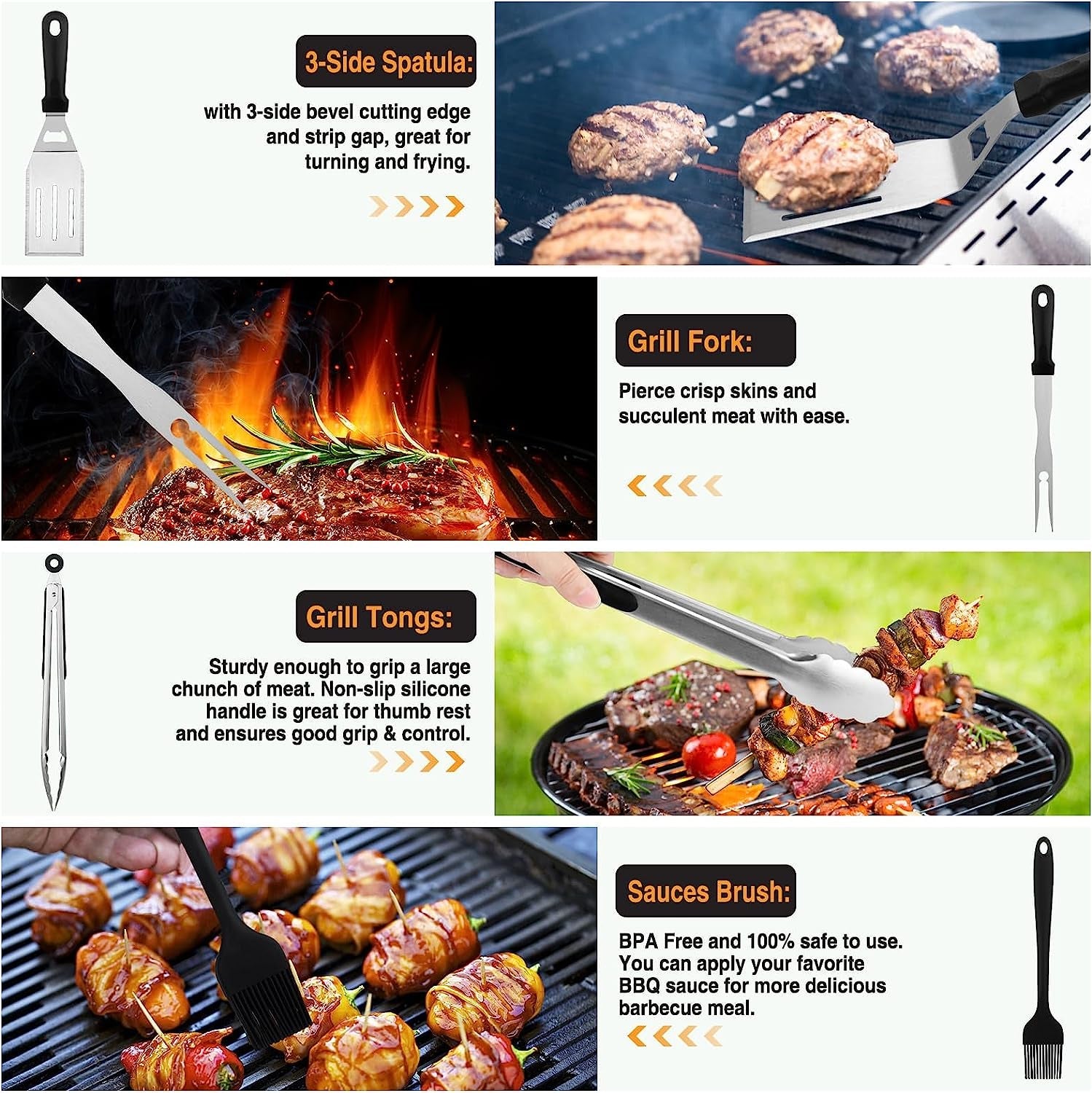 Griddle Accessories Kit. 30PCS Flat Top Grill Accessories Kit for Blackstone and Camp Chef. Stainless Steel Griddle Grill Tools with Enlarged Spatulas. Scraper. Tongs. Carrying Bag for Outdoor BBQ - Image 5