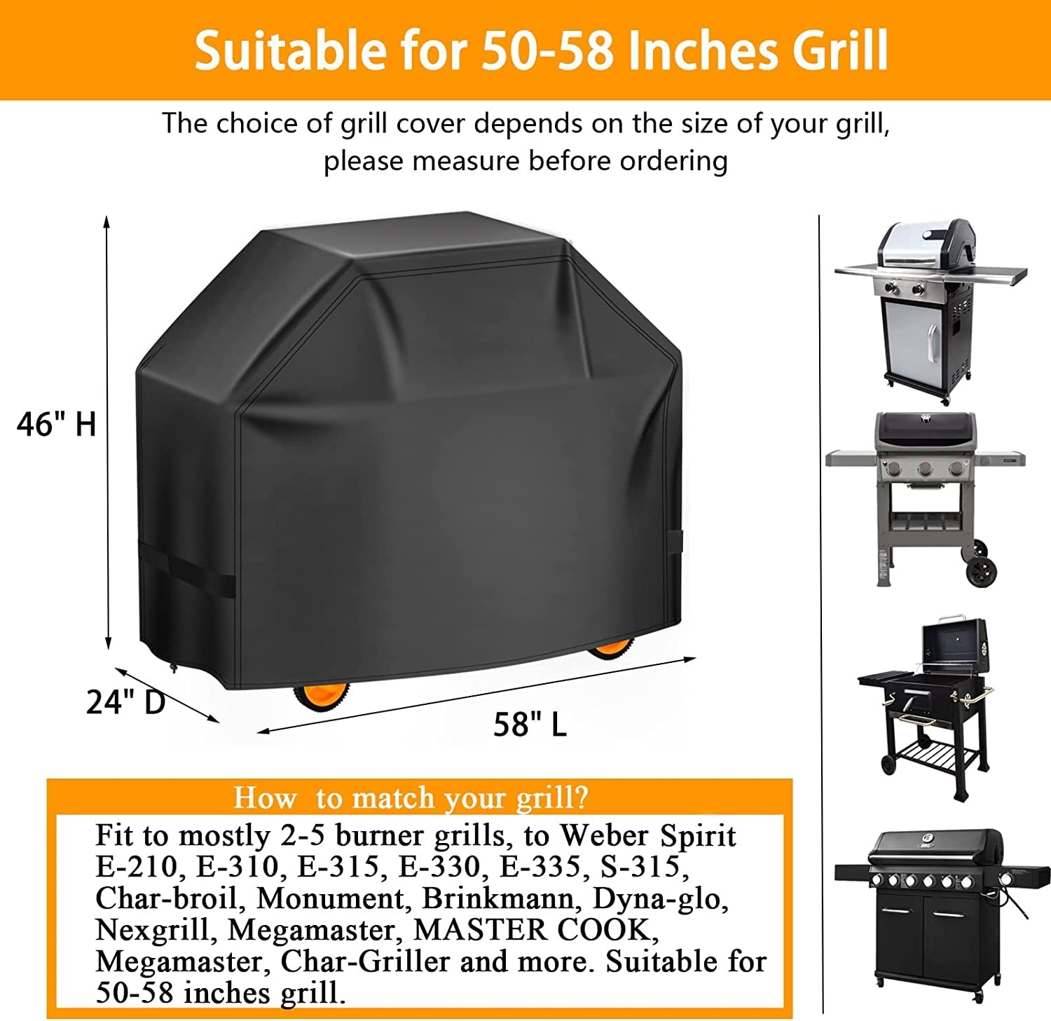 Aoretic Grill Cover. 58Inch BBQ Gas Grill Cover. Waterproof.Anti-Uv Material with Hook-And-Loop and Adjustable Rope for Weber Char-Broil Monument. Brinkmann Dyna-Glo Nexgrill Megamaster MASTERCOOK - Image 2
