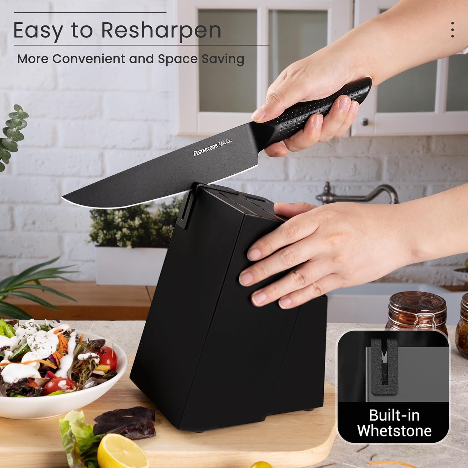 Astercook Knife Set. 15 Pieces Kitchen Knife Sets with Block and Built-In Knife Sharpener. German Stainless Steel Handle One-Piece Design Knives Block Set Dishwasher Safe. Black - Image 4
