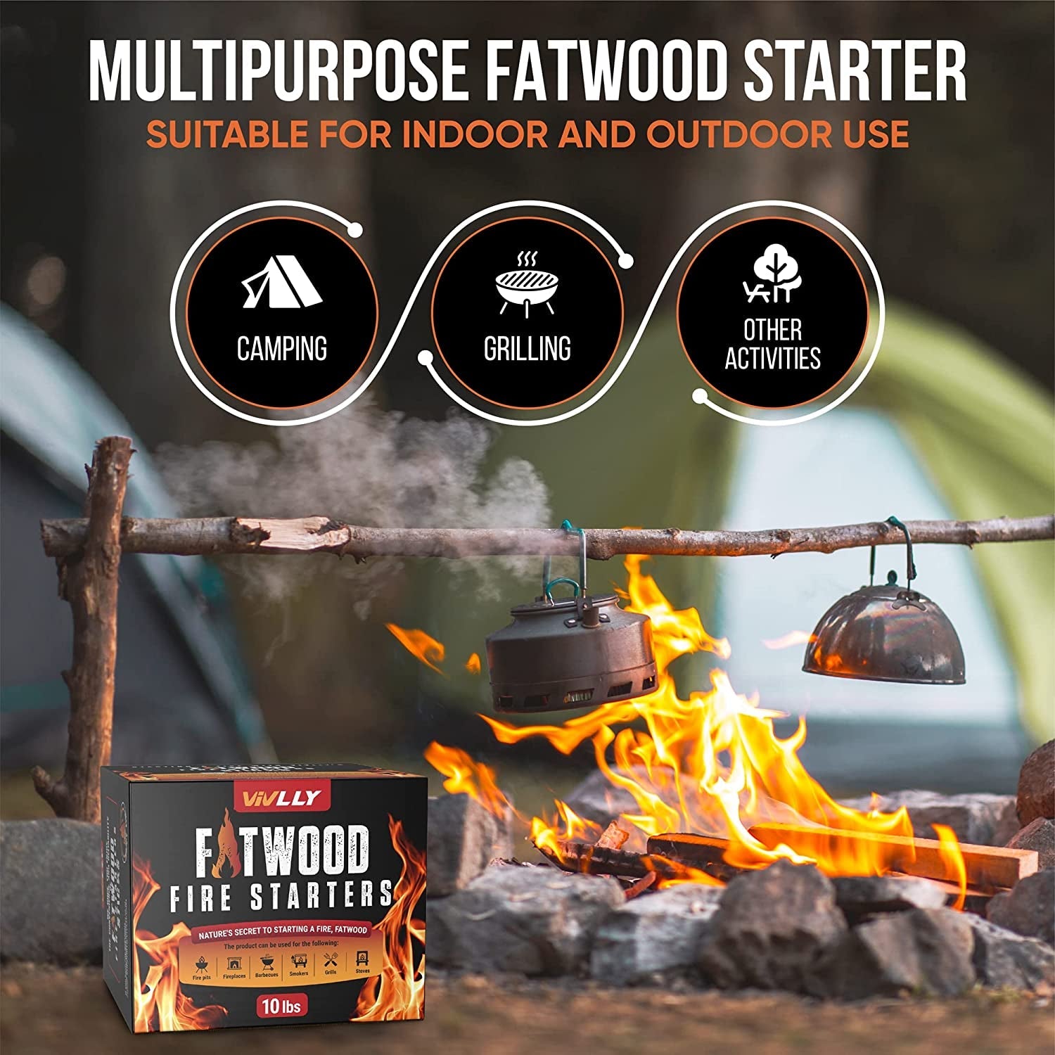 Vivlly 10Lb Fatwood Fire Starter Pack – Starter Wood for Fireplace – Small Wood Logs for Campfire Stove. Grilling & Cooking – Firewood Lighter Kindling Sticks – Firepit Burning & Camping Accessories - Image 3