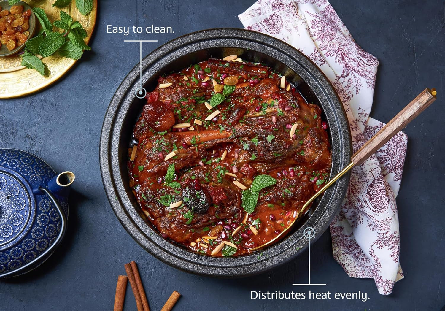 Kook Moroccan Tagine. Enameled Cast Iron Cooking Pot. Tajine with Ceramic Cone-Shaped Closed Lid. 3.3 QT. (Crimson) - Image 3