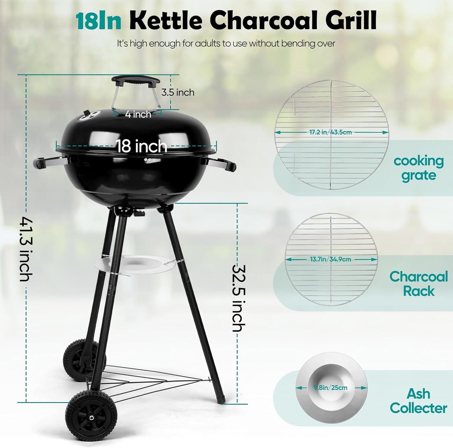Hasteel 18 Inch Charcoal Grill. Black Kettle Outdoor Barbecue Grill. 2-In-1 Portable BBQ Grill with Wheels for Camping Backyard Patio Picnic. Porcelain-Enameled Lid & Fire Bowl. 254.SQ.IN Cooking Area - Image 2