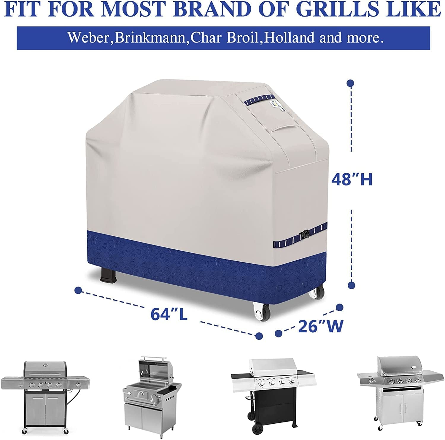 Grill Cover BBQ Grill Cover 600D Waterproof Heavy Duty Gas Grill Cover. UV & Dust & Rip-Proof. Barbecue Grill Covers for Weber. Brinkmann. Char Broil Grills (64 L X 26 W X 48 H Fog/Navy) - Image 2