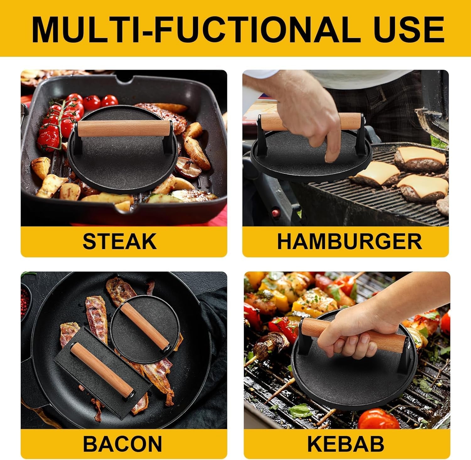 AIVIKI Burger Press. Smash Burger Press for Blackstone Griddle. Heavy Duty Cast Iron round 6.9In & Rectangular 8.2X4.2In Bacon Grill Press with Wood Handle. Meat Steak Weight for Sandwich. Paninis - Image 5