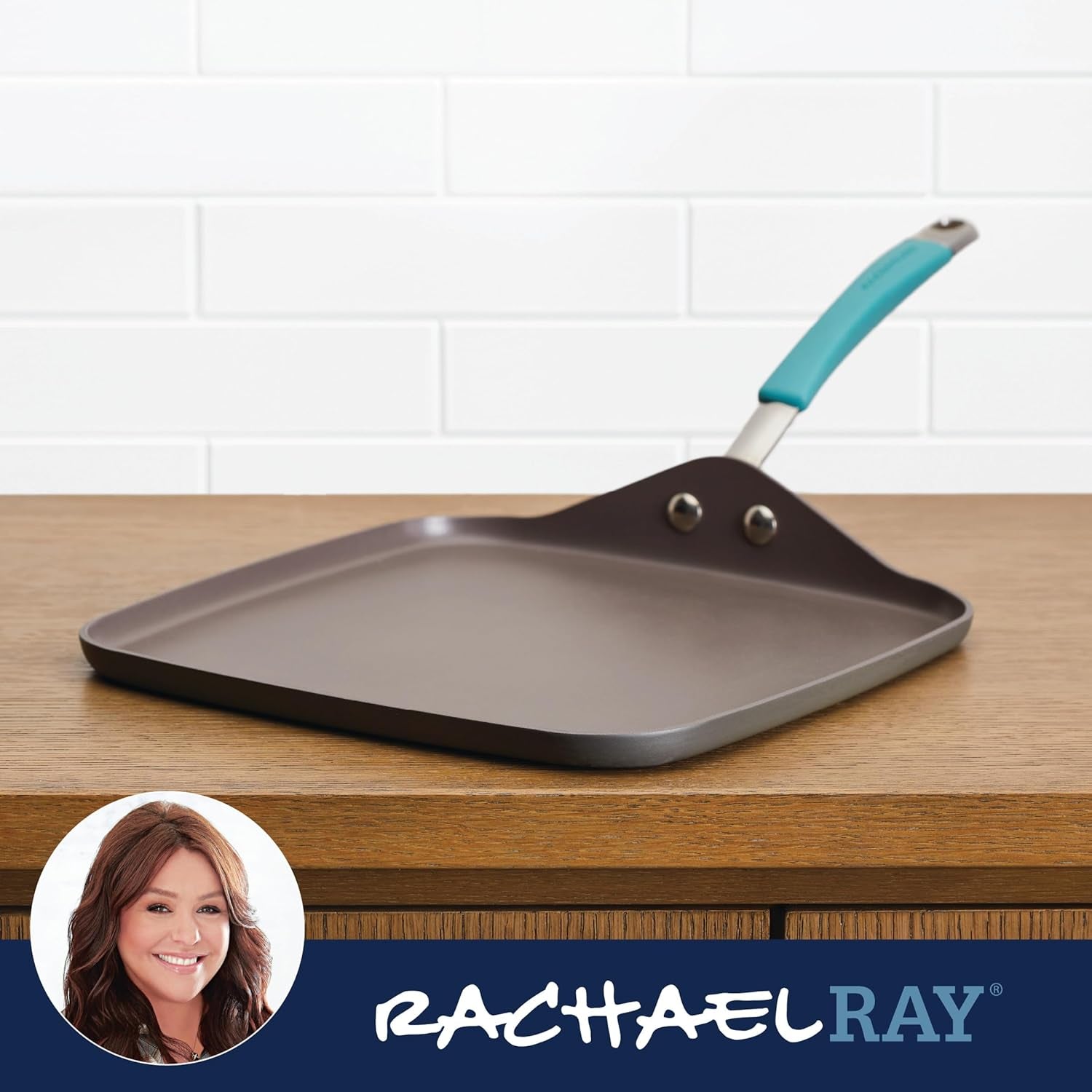 Rachael Ray Cucina Hard Anodized Nonstick Griddle Pan/Flat Grill. 11 Inch. Gray with Agave Blue Handle - Image 7