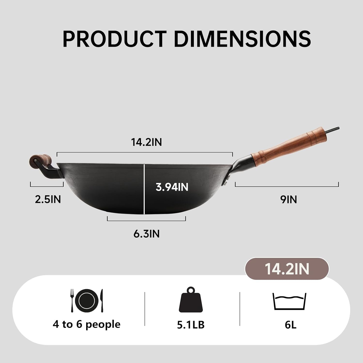 WANGYUANJI Cast Iron Wok Pan 14.2 Large Wok Stir Fry Pan Flat Bottom Wok with Lid and Wood Handle. Suitable for All Cooktops. Uncoated Craft Pot Healthy Cooking Pot - Image 5