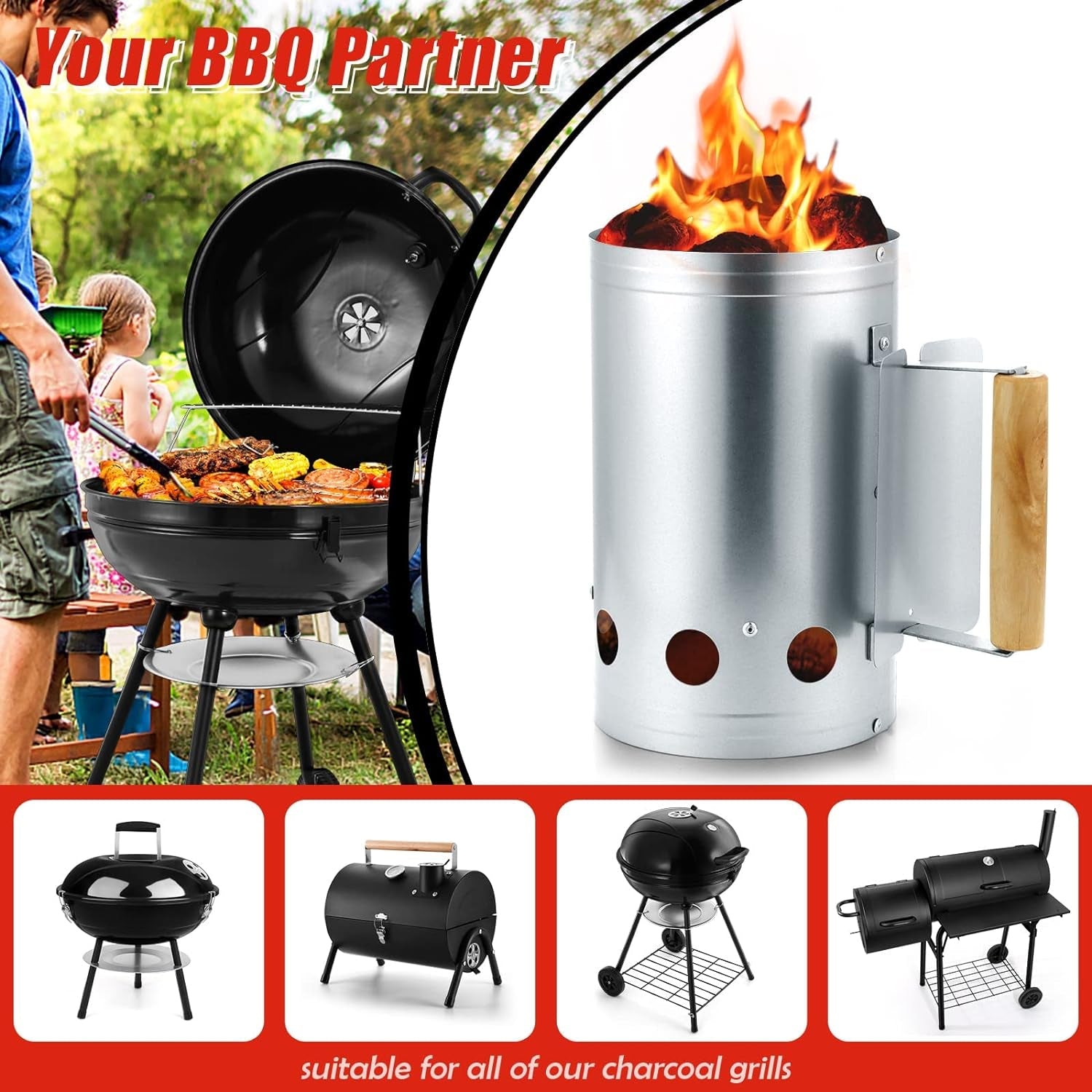 Hasteel Charcoal Chimney. 10.6X6.7 Inch Heavy Duty BBQ Chimney Starter for Outdoor Grilling Barbecue Camping. Quick Rapid Fir Briquette Coal. Heat Resistant Wooden Handle & Screwdriver - Image 7