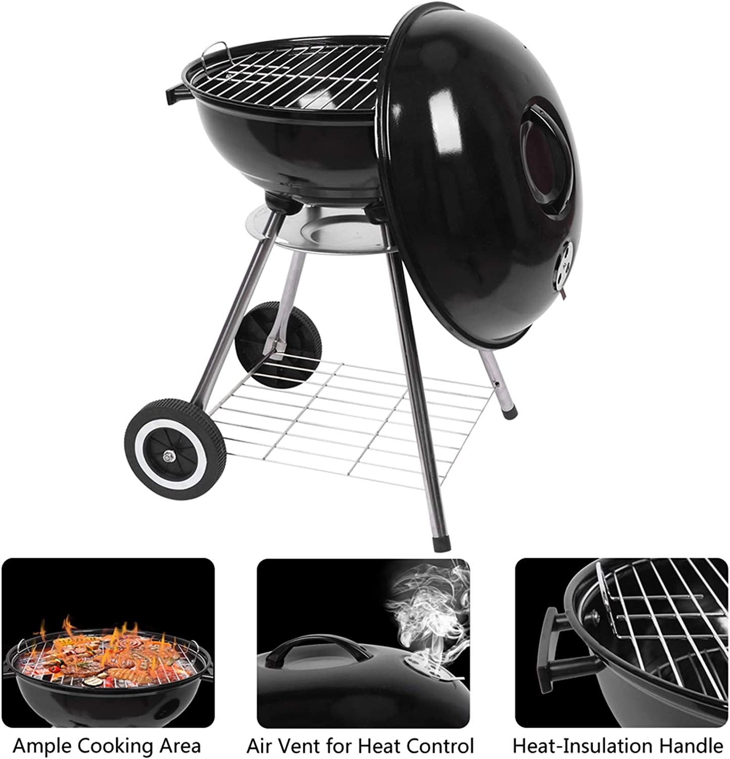 Outvita 18 Inch Portable Charcoal Grill. Stainless Steel BBQ Kettle Charcoal Grill with Wheels and Storage Holder for Camping. Picnic. Barbecue. Party. Outdoor Activities - Image 3