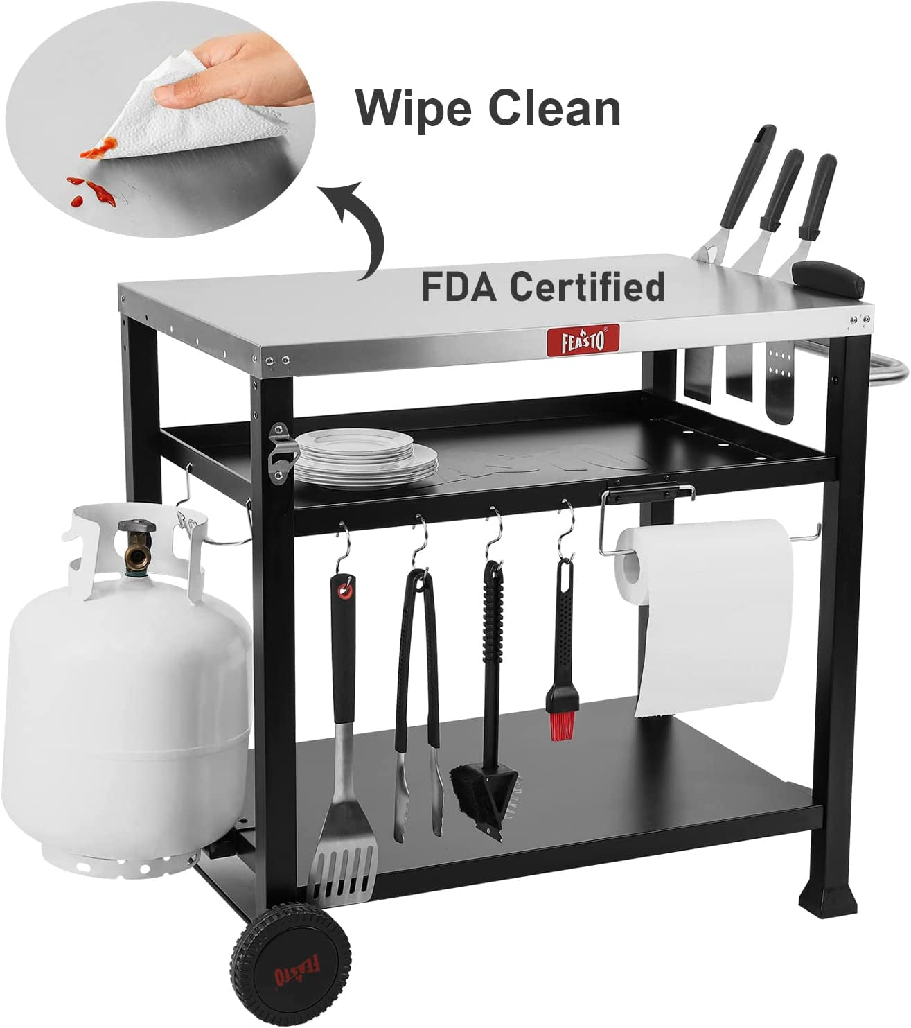 3-Shelf Movable Food Prep and Pizza Oven Table. BBQ Grilling Table. Home & Outdoor Multifunctional Stainless Steel Table Top Worktable on 2 Wheels. L39.5 X W25.6 X H33 - Image 5