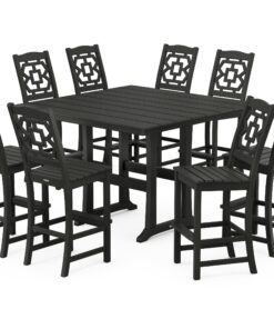 Polywood: Chinoiserie 9-Piece Square Farmhouse Side Chair Bar Set with Trestle Legs
