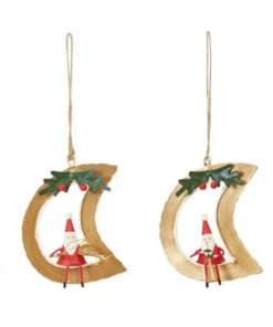 Hand-Painted Tin Santa on Moon Ornament