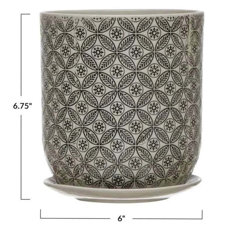 Hand-Stamped Stoneware Pot & Saucer with Embossed Pattern - Image 3
