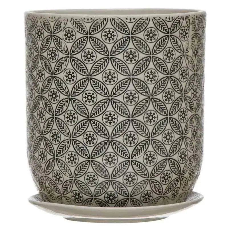 Hand-Stamped Stoneware Pot & Saucer with Embossed Pattern