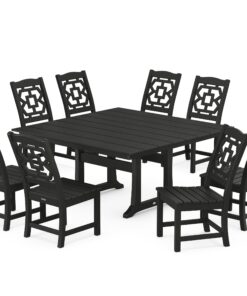 Polywood: Chinoiserie 9-Piece Square Farmhouse Side Chair Dining Set with Trestle Legs