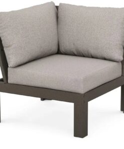 POLYWOOD Edge Modular Corner Chair in Vintage Coffee Finish with Weathered Tweed Cushion