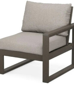 POLYWOOD Edge Modular Right Arm Chair in Vintage Coffee Finish with Weathered Tweed Cushion