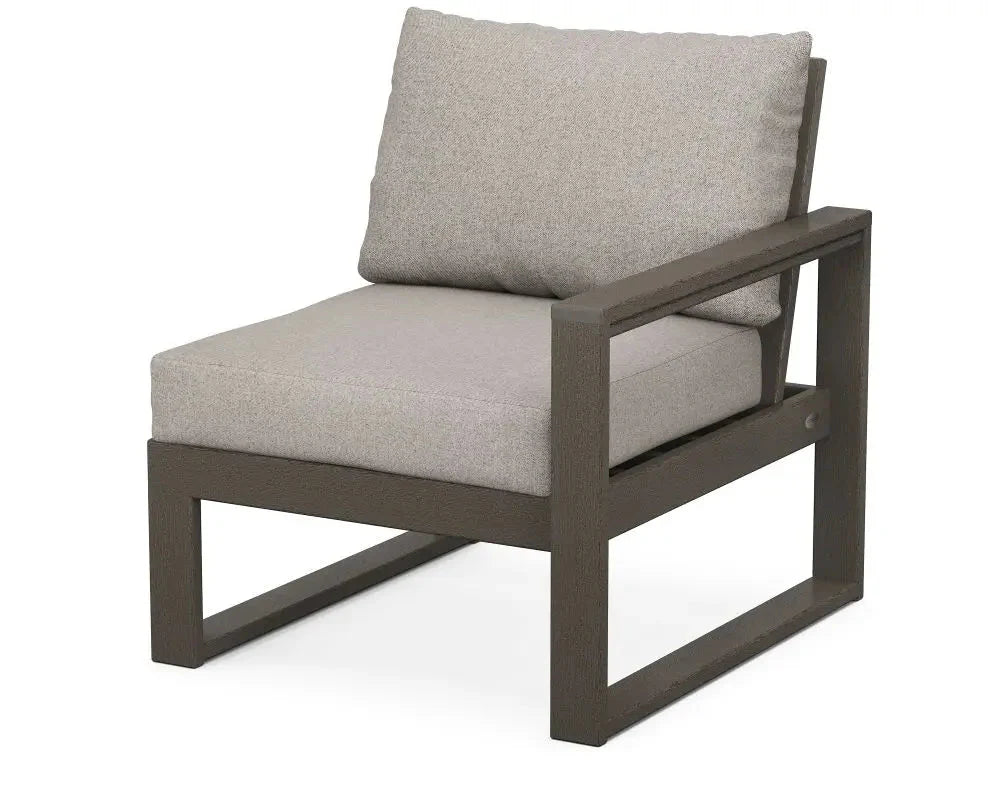 POLYWOOD Edge Modular Right Arm Chair in Vintage Coffee Finish with Weathered Tweed Cushion