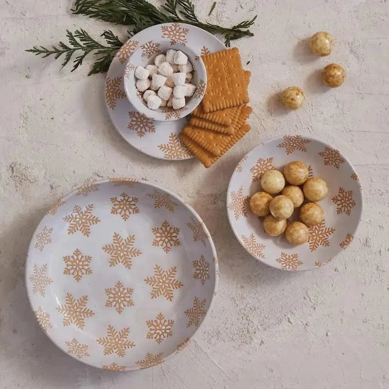 Reactive Glaze Stoneware Low Bowl with Snowflakes - Image 2