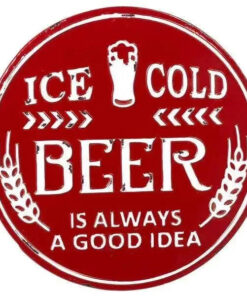 Red and White Enameled Round Ice Cold Beer Wall Sign