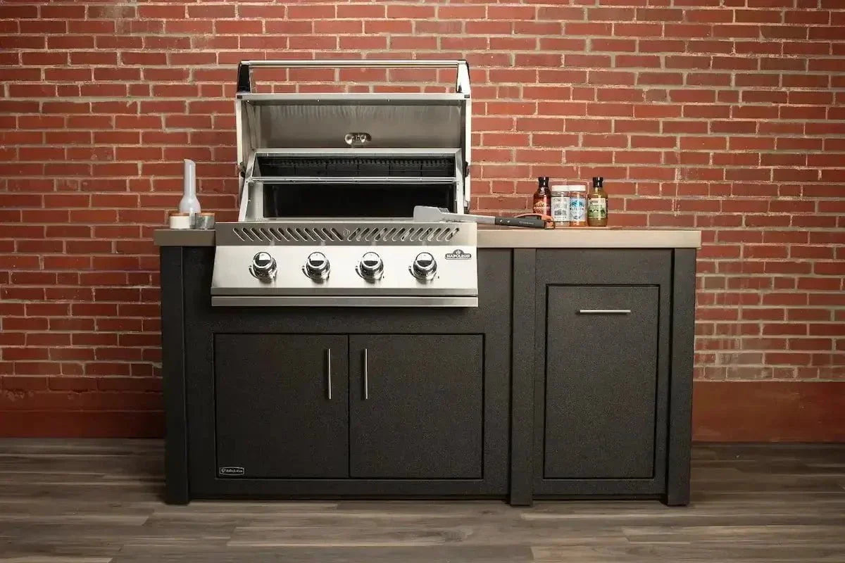 Stoll 71 Pre-Assembled Outdoor Kitchen Island + Napoleon BI32 Prestige Grill Head. Graphite with Concrete Style Top