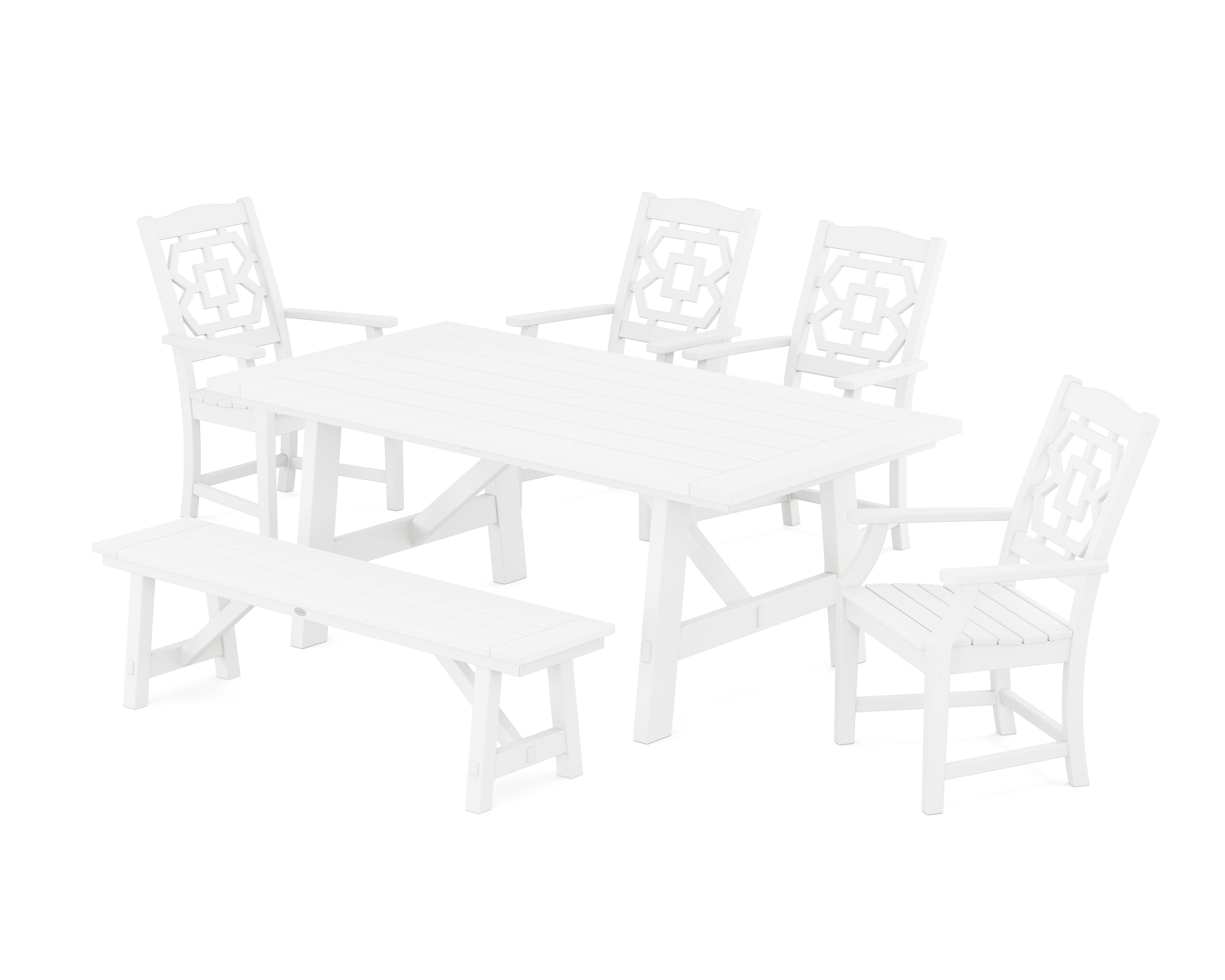 Polywood: Chinoiserie 6-Piece Rustic Farmhouse Dining Set with Bench - Image 7