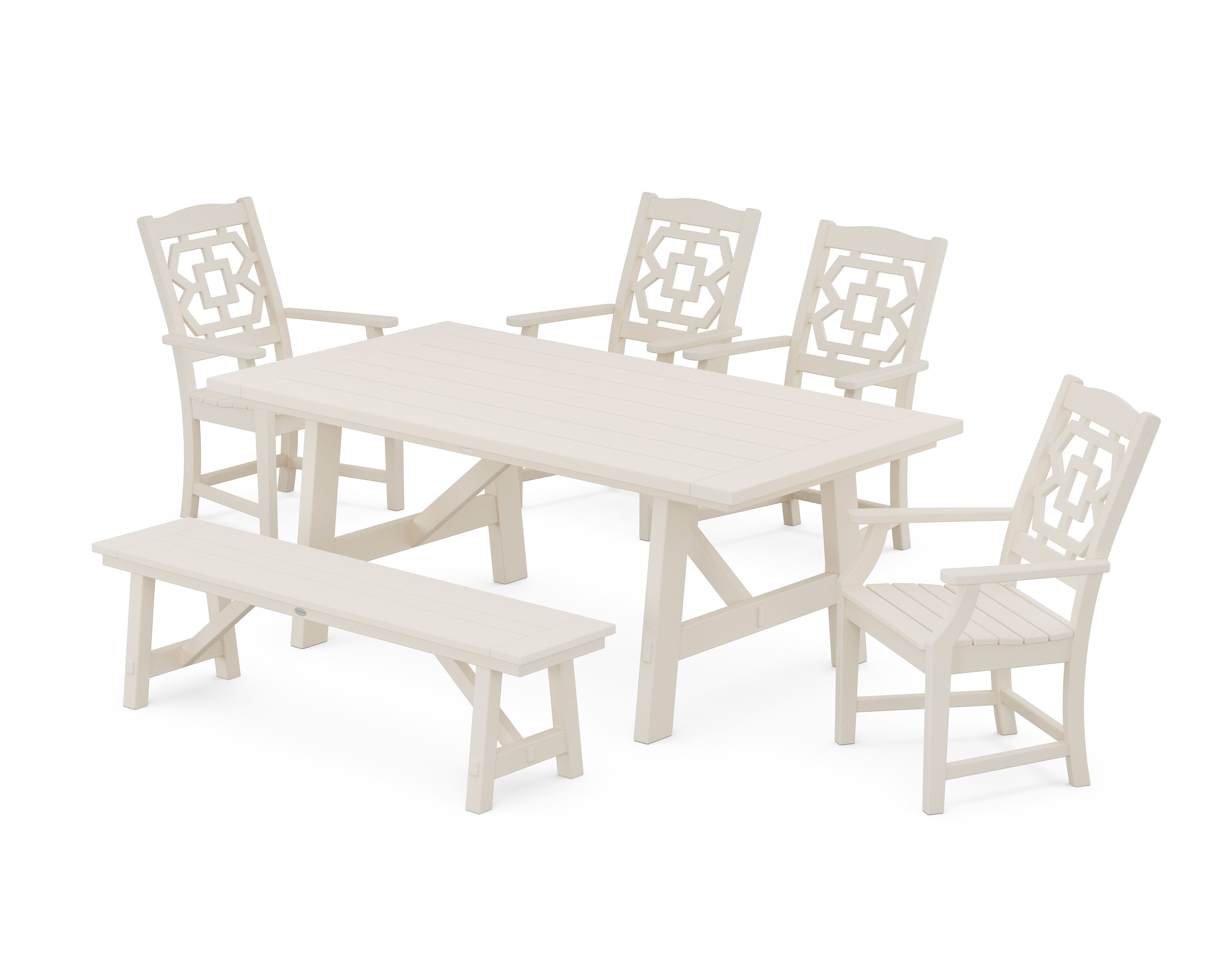 Polywood: Chinoiserie 6-Piece Rustic Farmhouse Dining Set with Bench - Image 11