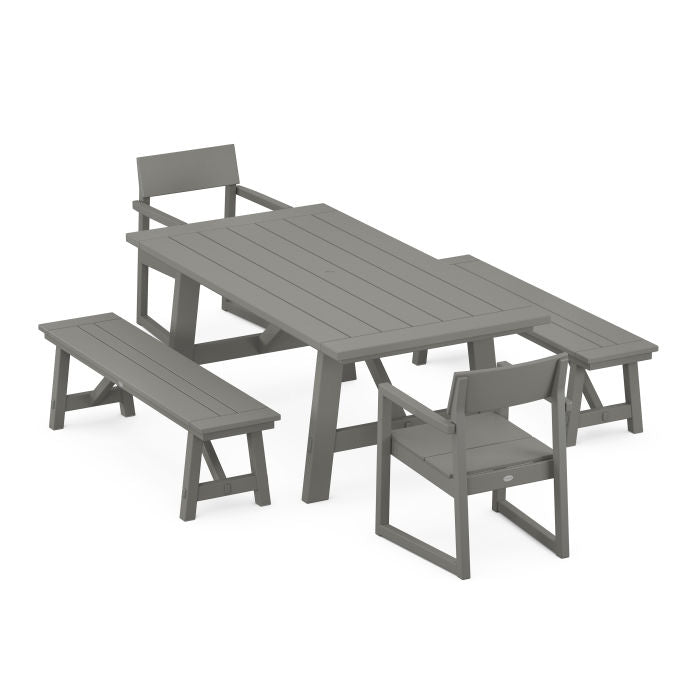 Polywood: EDGE 5-Piece Rustic Farmhouse Dining Set With Benches - Image 11