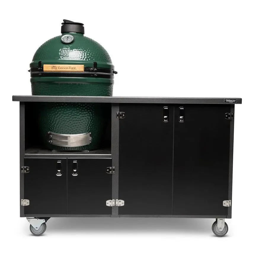Wellspring Alpha Series Grill Cabinet for Big Green Egg Large. Silver Vein Frame. Black Doors and Black Hardware