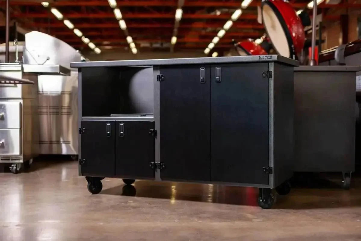 Wellspring Alpha Series Grill Cabinet for Kamado Joe Classic Joe. Silver Vein Frame. Black Doors and Black Hardware