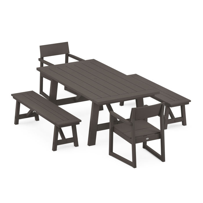 Polywood: EDGE 5-Piece Rustic Farmhouse Dining Set With Benches - Image 2