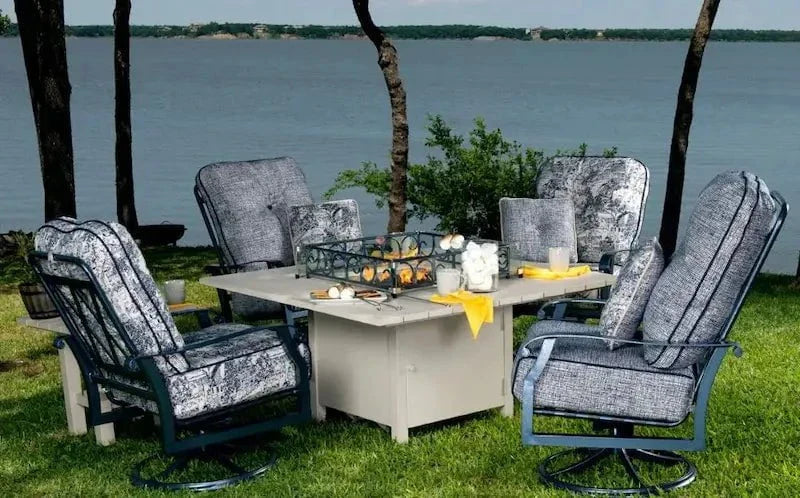 Woodard Cortland Cushioned Lounge Swivel Rocker in Twilight Finish with Chartres Malt Fabric - Image 4