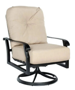 Woodard Cortland Cushioned Lounge Swivel Rocker in Twilight Finish with Chartres Malt Fabric