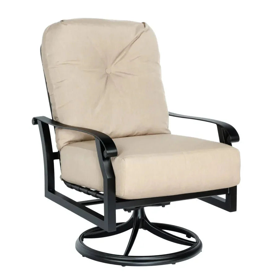 Woodard Cortland Cushioned Lounge Swivel Rocker in Twilight Finish with Chartres Malt Fabric
