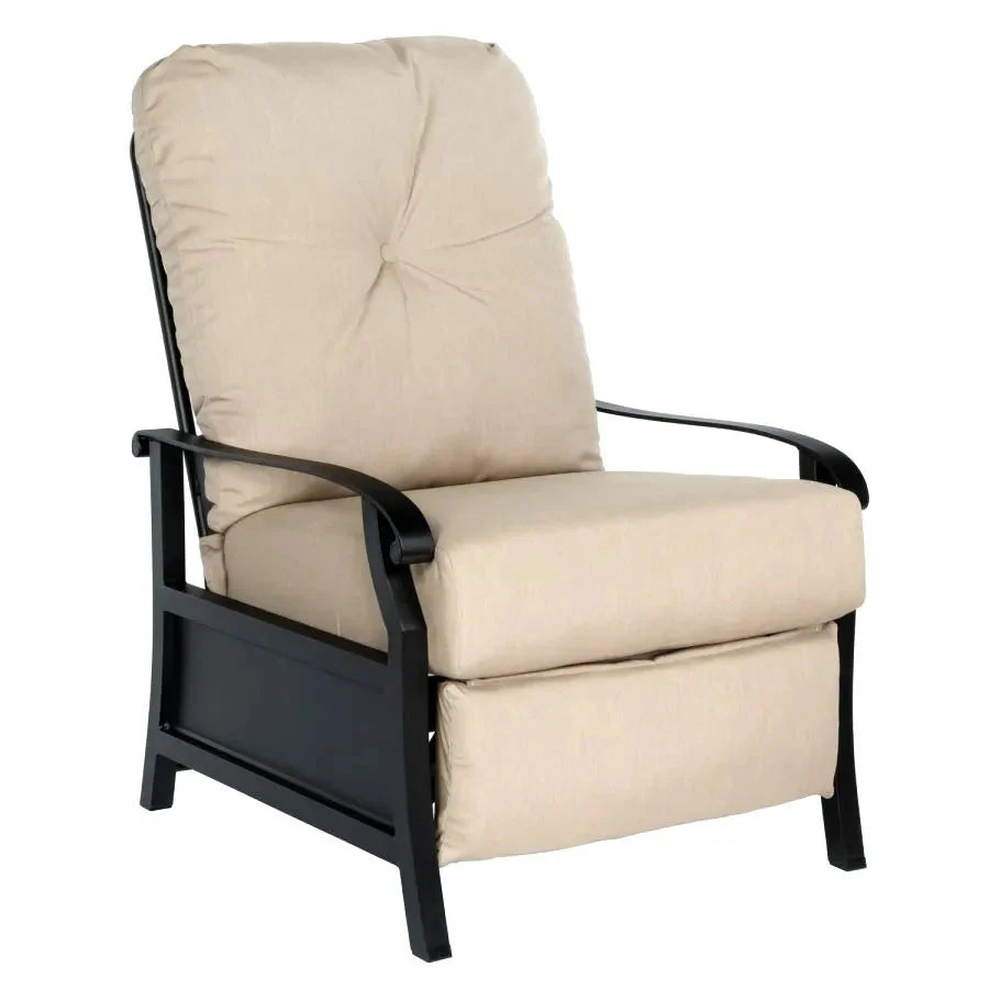 Woodard Cortland Cushioned Recliner in Twilight Finish with Chartres Malt Fabric