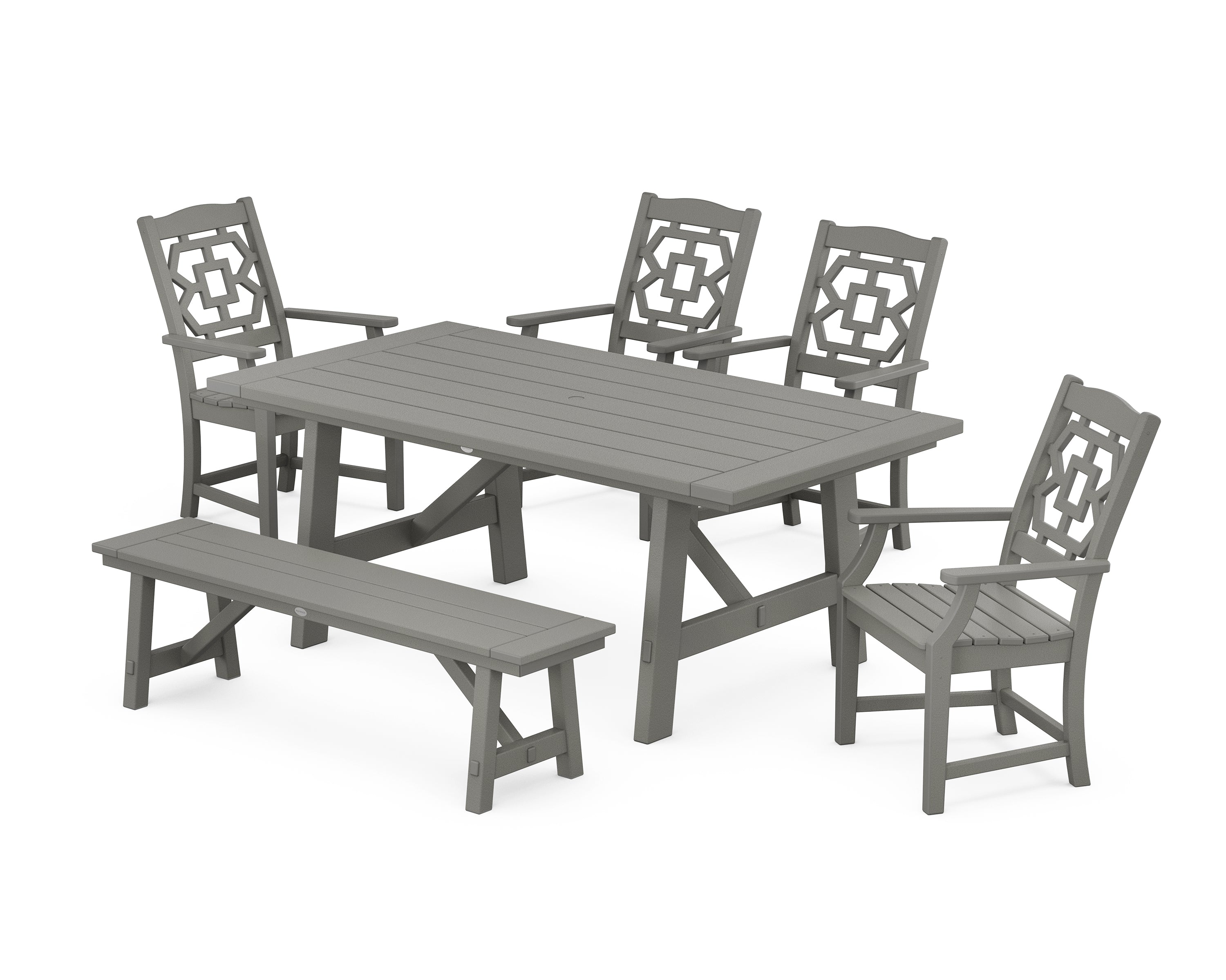 Polywood: Chinoiserie 6-Piece Rustic Farmhouse Dining Set with Bench - Image 5