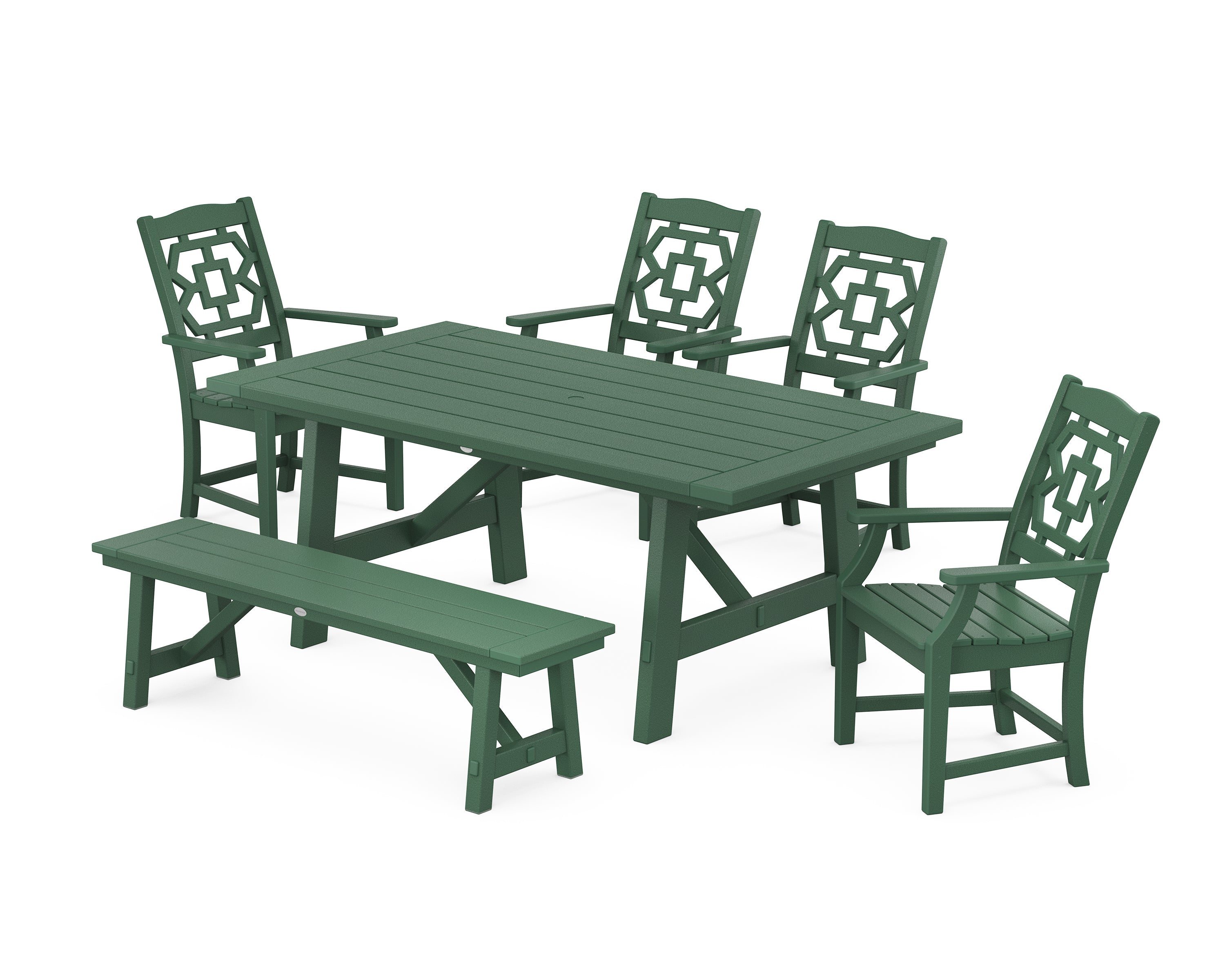 Polywood: Chinoiserie 6-Piece Rustic Farmhouse Dining Set with Bench - Image 2